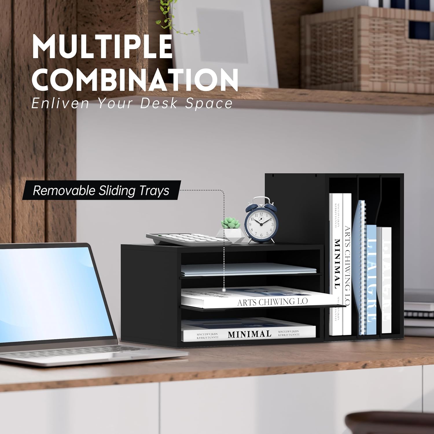 Wooden Desk Organizer - 3 Tier Paper File Organizer for Office, School & Home, Black