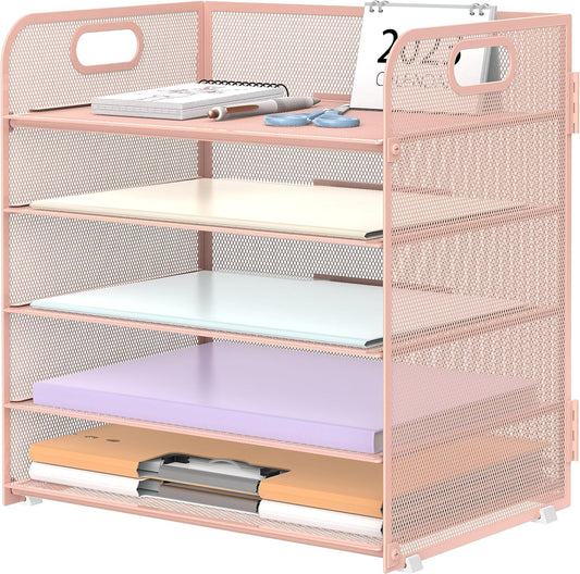 5 Trays Paper Organizer Letter Tray with Handle-Mesh Desk File Organizer, Paper Sorter Desk Organizer for Office, Home or School