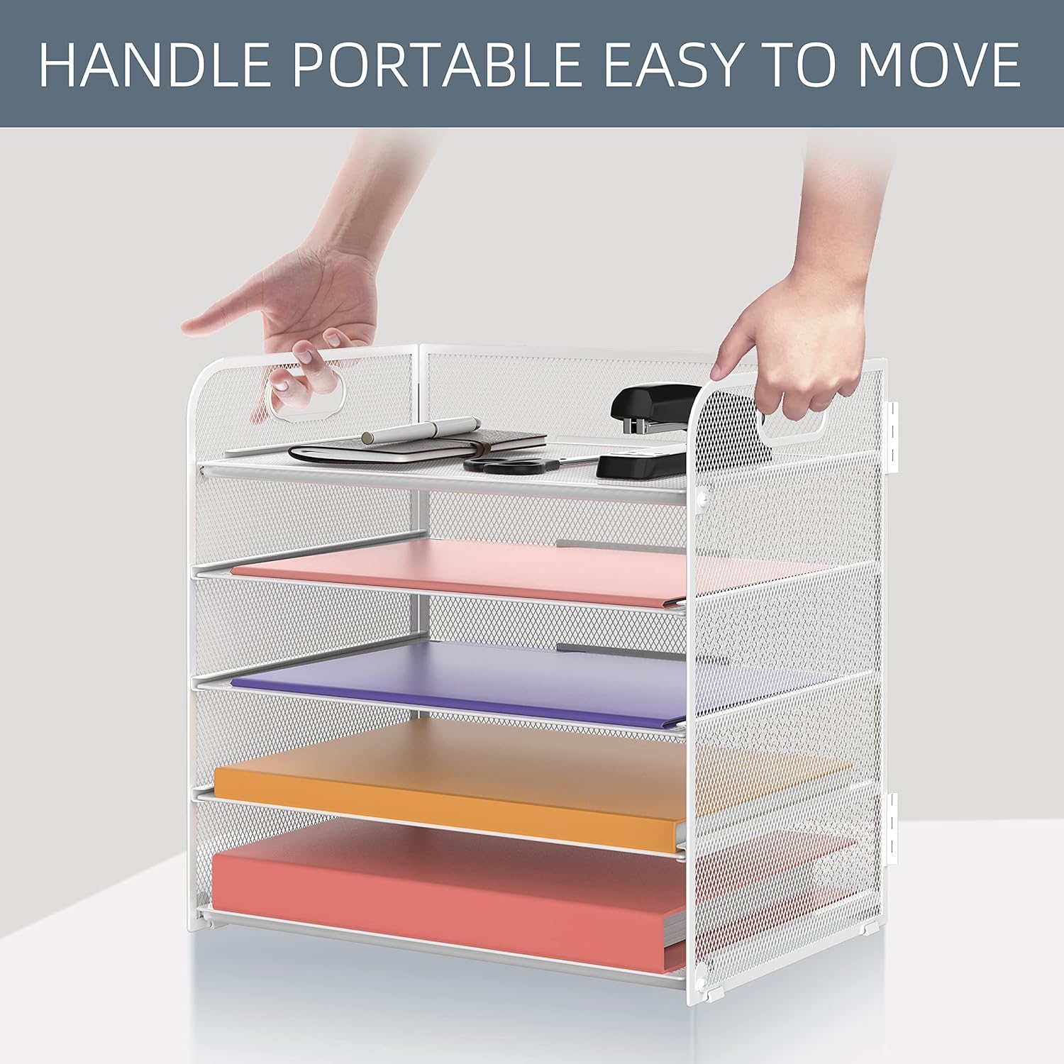 5 Trays Paper Organizer Letter Tray with Handle-Mesh Desk File Organizer, Paper Sorter Desk Organizer for Office, Home or School