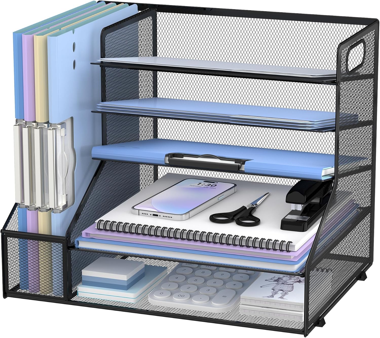 Desk Organizer with File Holder, 5-Tier Mesh Paper Letter Tray Organizer, Desktop Organizer and Storage with 3 Slot Document File Sorter for Office Supplies, Black