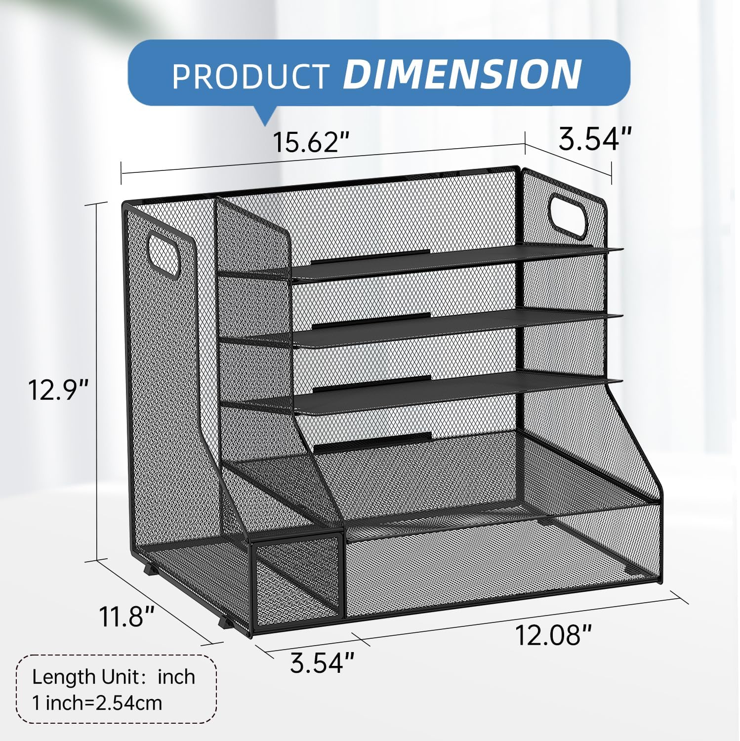 Desk Organizer with File Holder, 5-Tier Mesh Paper Letter Tray Organizer, Desktop Organizer and Storage with 3 Slot Document File Sorter for Office Supplies, Black
