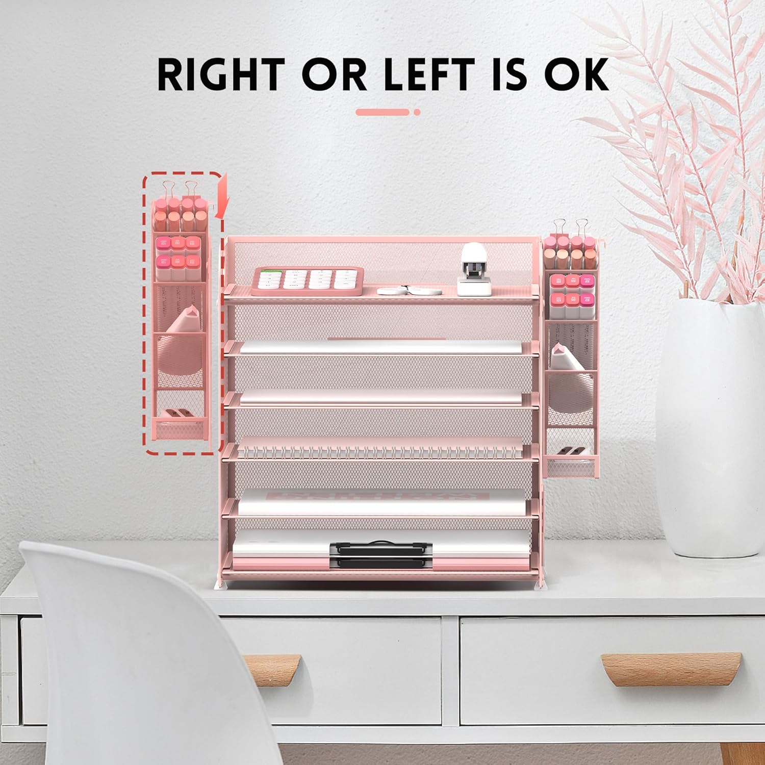 6 Tier Paper Organizer With 4 Pen Holders, Mesh Desk Letter Tray With Handle, File Organizer for A4 Folder, Rose Pink