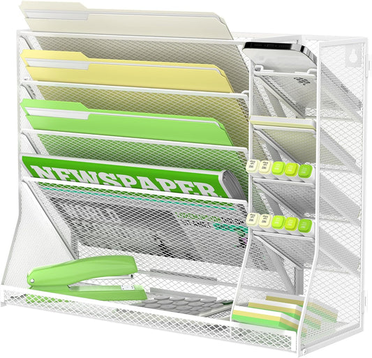 Wall File Organizer, 5-Tier Desk Organizer with 4 Pen Holders, Wall Organizer for Office with R-shaped Bottom Tray, Desk Organizers and Accessories for Office Supplies, White