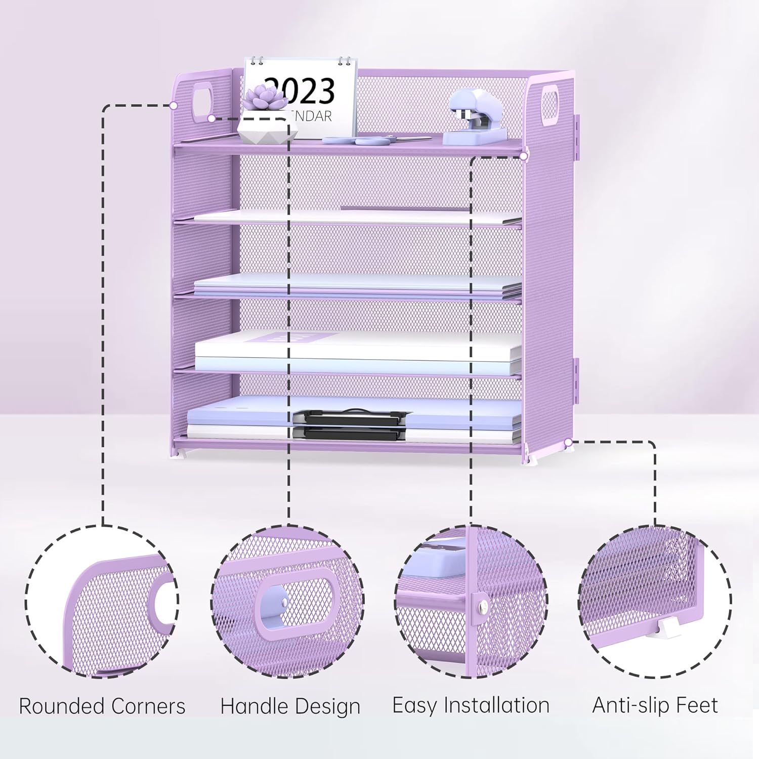 5 Trays Paper Organizer Letter Tray with Handle-Mesh Desk File Organizer, Paper Sorter Desk Organizer for Office, Home or School