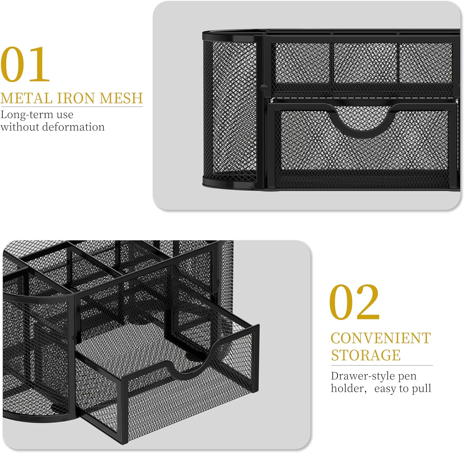 Mesh Desk Organizer, Desk Accessories & Workspace Organizers with Drawers, Pencil Holder for Desk with 9 Compartments for Office Supplies, 8.6 x 4.3 x 4.1 Inch, Black