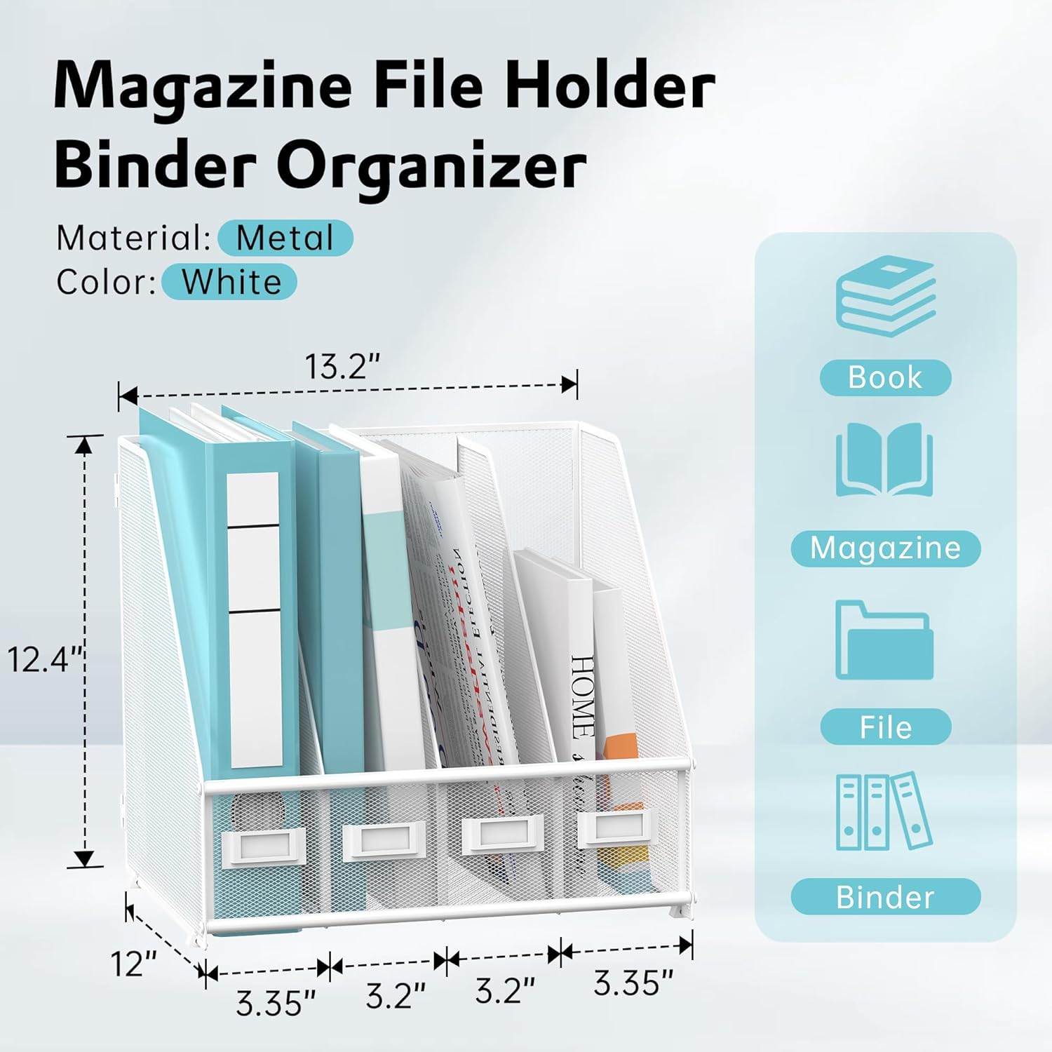 Magazine File Holder, Binder Holder Metal Desk Organizer with 4 Rack Compartments, File Organizer for Office Home School, White Plus