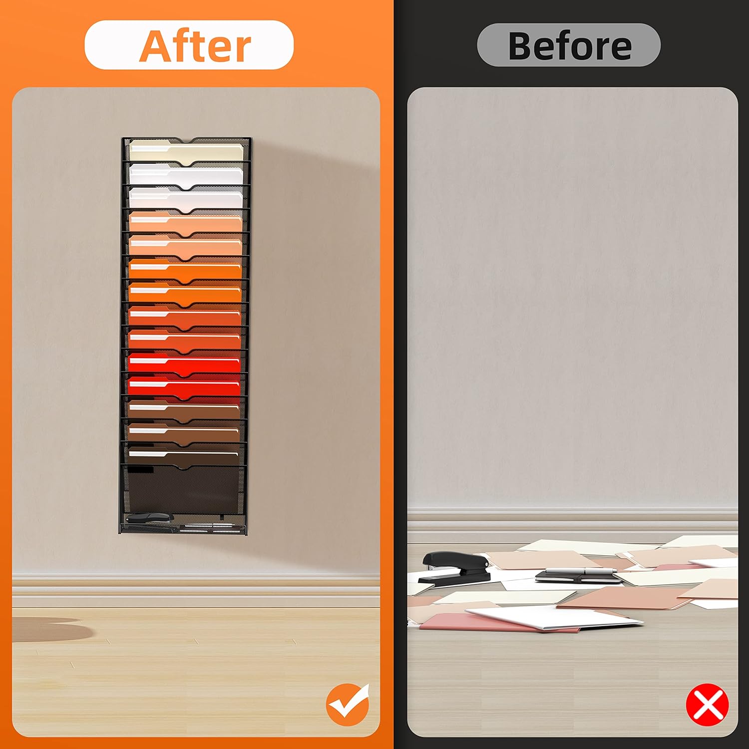 16-Tier Hanging Wall File Holder Organizer for Papers, Folders, Files Clipboard & Magazine Organization Great for Office Home, Black