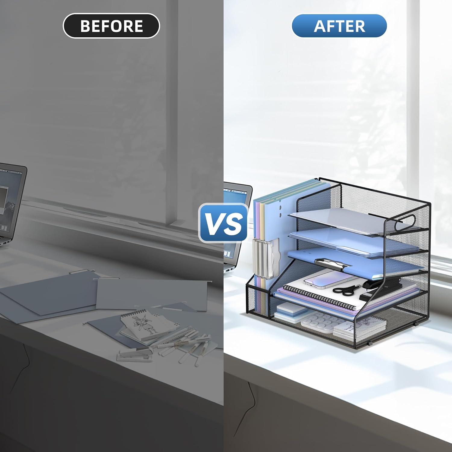 Desk Organizer with File Holder, 5-Tier Mesh Paper Letter Tray Organizer, Desktop Organizer and Storage with 3 Slot Document File Sorter for Office Supplies, Black