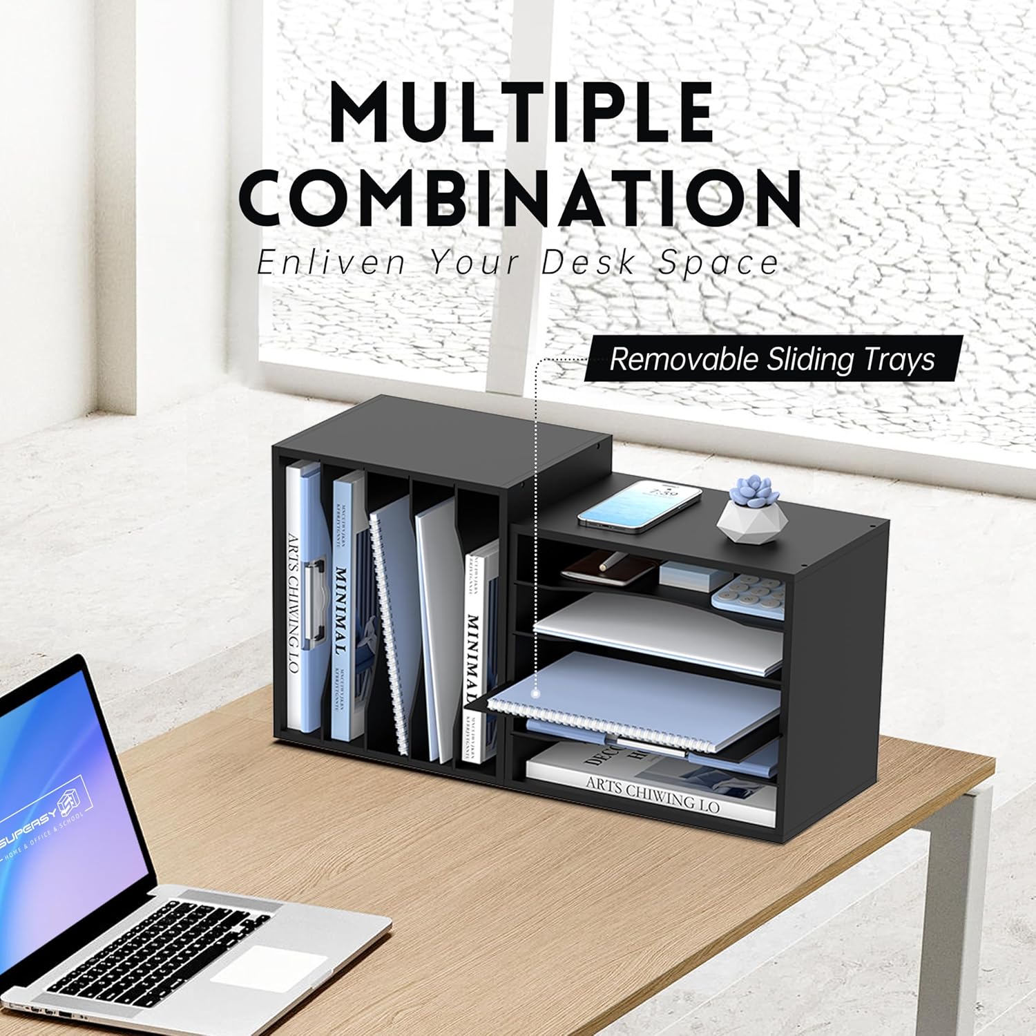 Wood Desk Organizer, 5 Tier Paper File Organizer for Desk, Wooden Desktop Organizer, Paper Letter Literature Mail Sorter, for Office School & Home Organization, Black