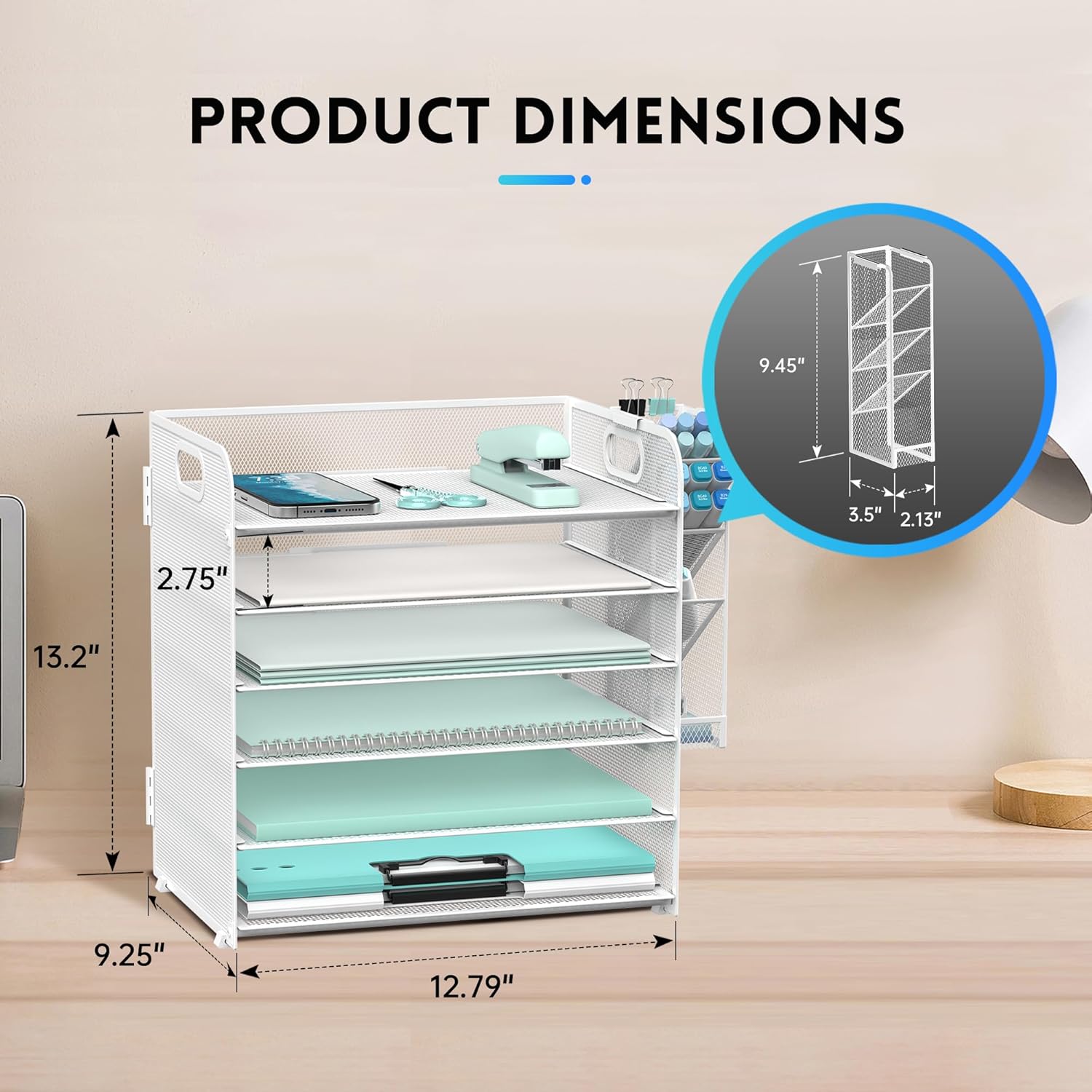 6 Tier Paper Organizer with 4 Pen Holders, Mesh Letter Tray with Handle, Paper Tray Organizer for A4 Files, White