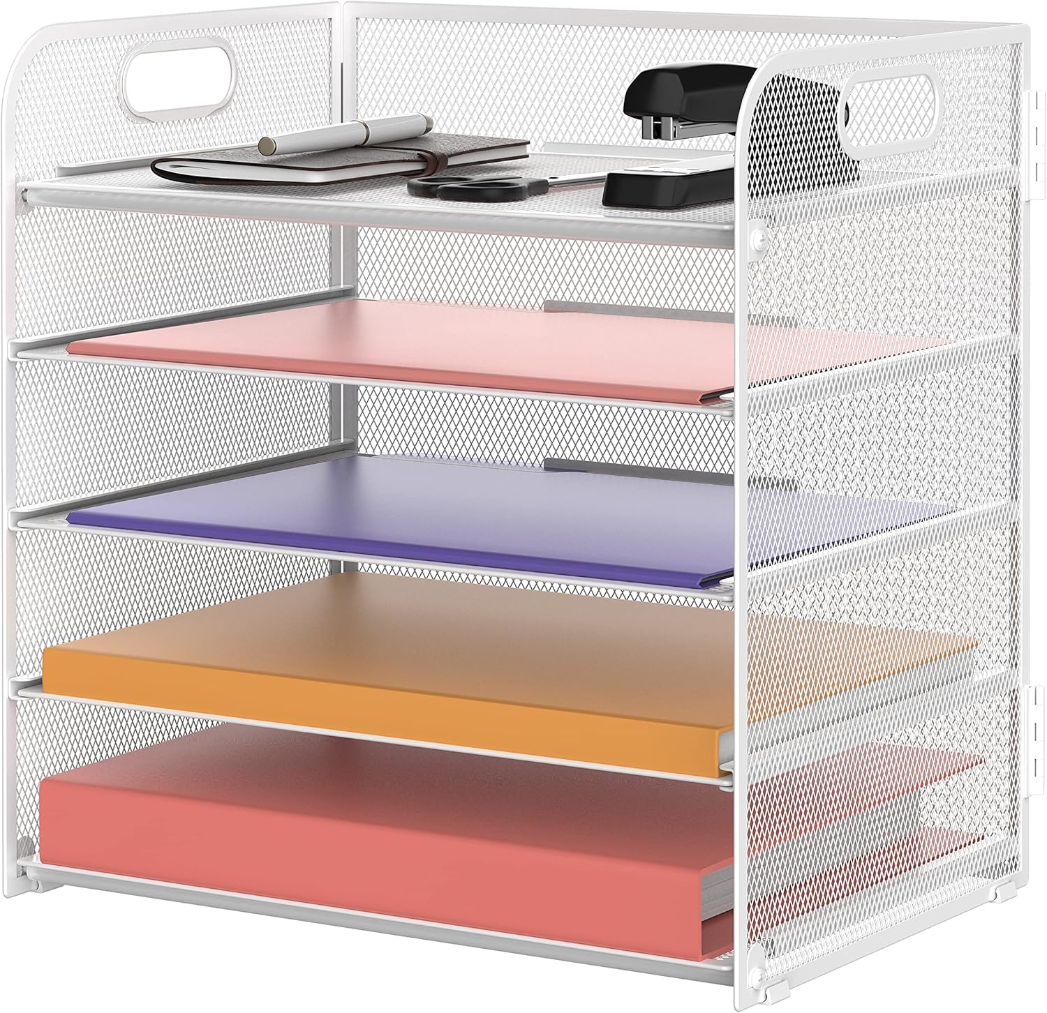 5 Trays Paper Organizer Letter Tray with Handle-Mesh Desk File Organizer, Paper Sorter Desk Organizer for Office, Home or School