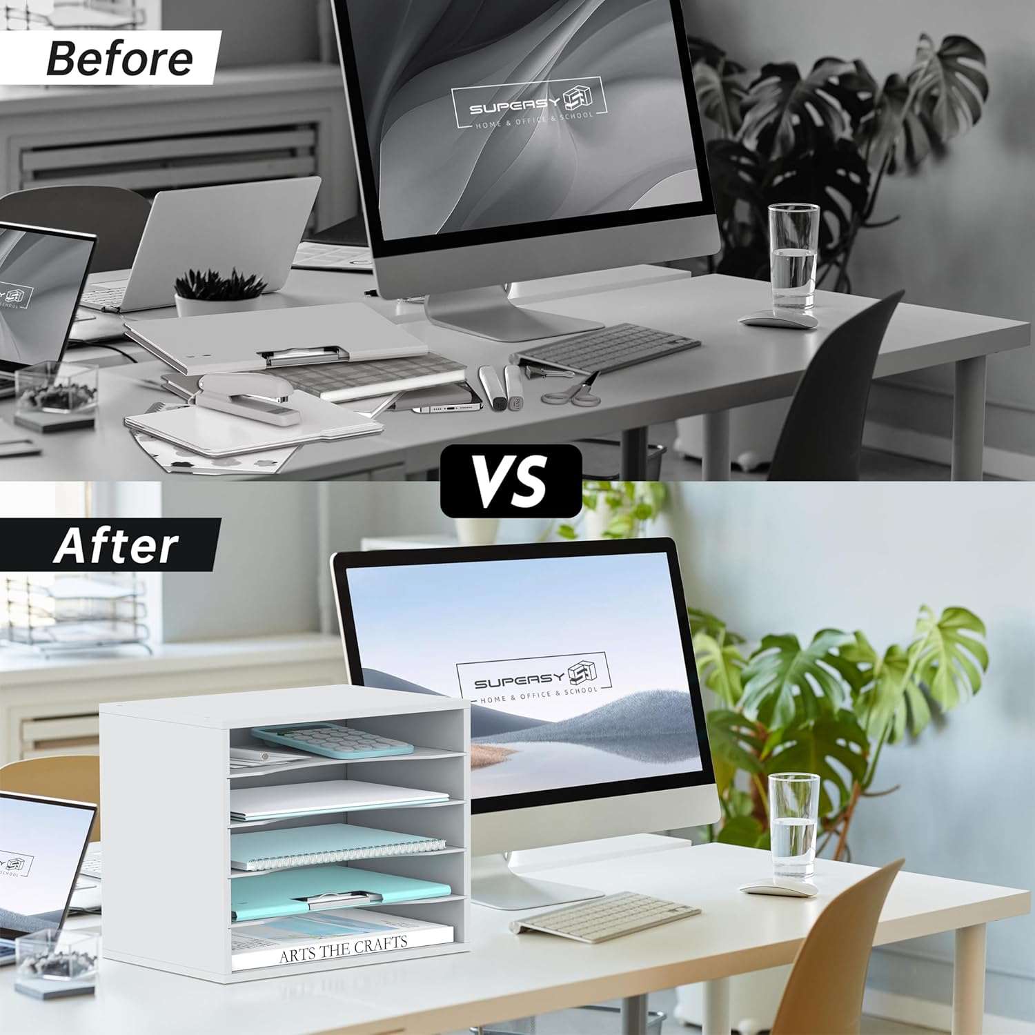 Wood Desk Organizer, 5 Tier Paper File Organizer for Desk, Wooden Desktop Organizer, Paper Letter Literature Mail Sorter, for Office School & Home Organization, White