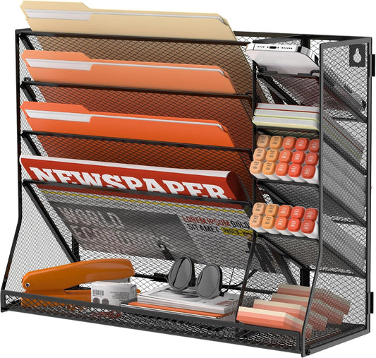 Wall File Organizer, 5-Tier Desk Organizer with 4 Pen Holders, Wall Organizer for Office with R-shaped Bottom Tray, Desk Organizers and Accessories for Office Supplies, Black