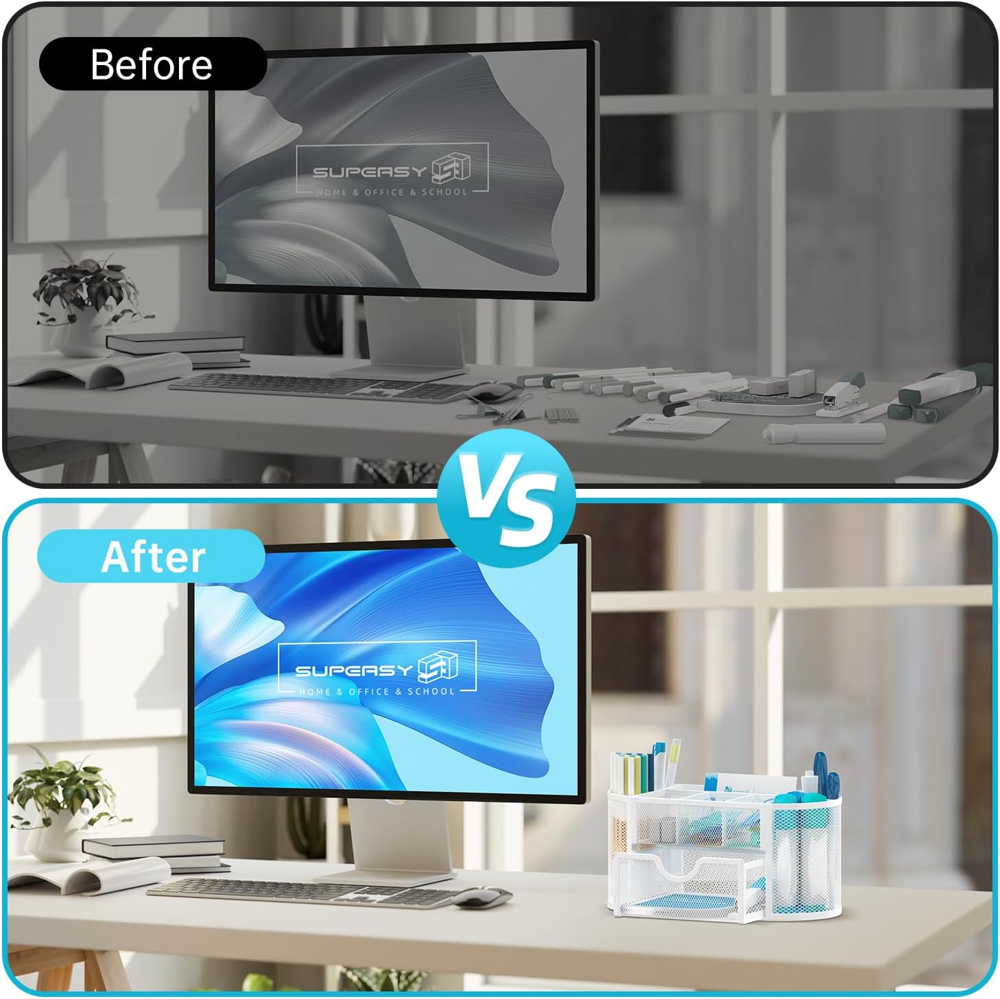 Mesh Desk Organizer, Desk Accessories & Workspace Organizers with Drawers, Pencil Holder for Desk with 9 Compartments for Office Suppliess, 8.6 x 4.3 x 4.1 Inch, White