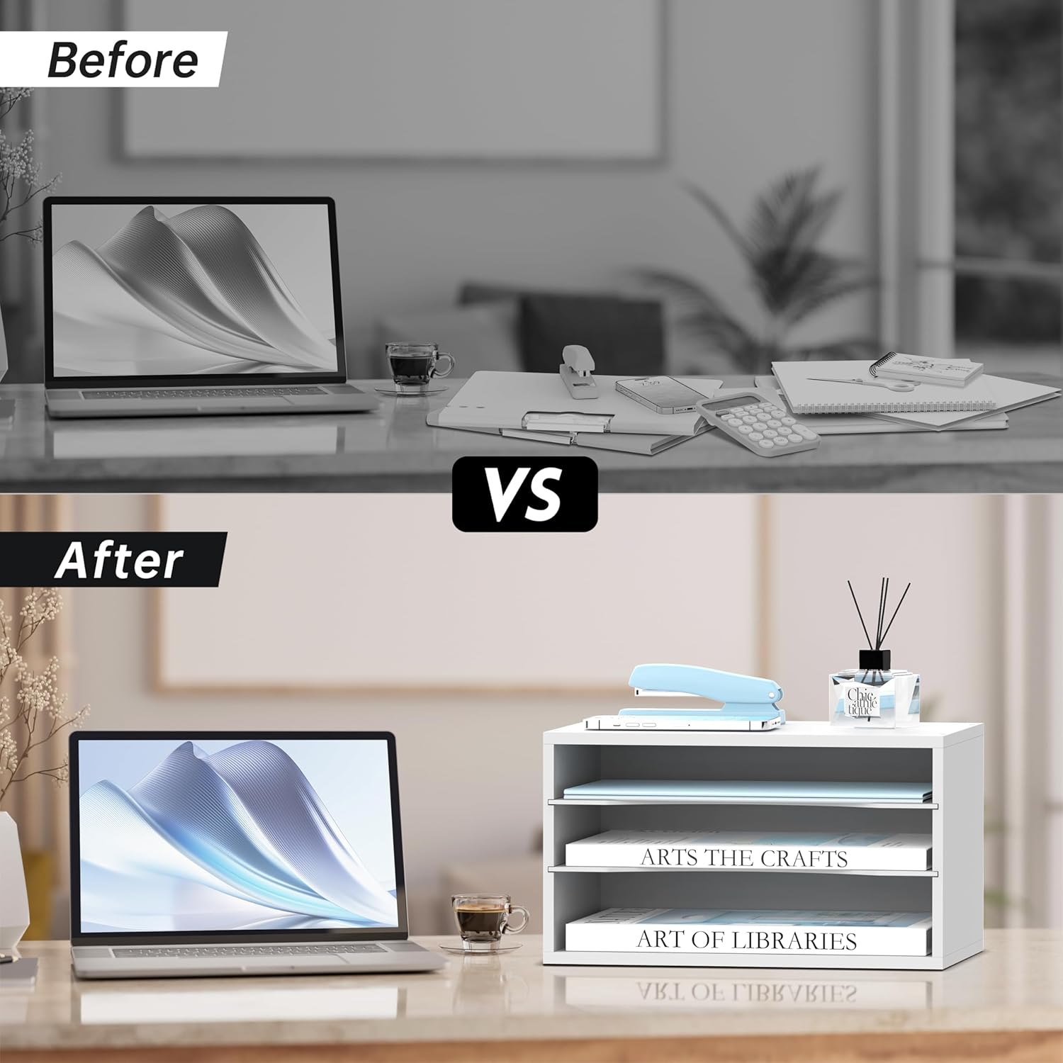 Wood Desk Organizer, 3 Tier Paper File Organizer for Desk, Wooden Desktop Organizer, Paper Letter Literature Mail Sorter, for Office School & Home Organization, White