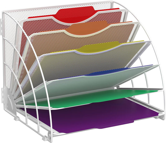 Fan Shaped Desk File Organizer, 6 Compartments for Filing Paper Bills, Letters, Desk Accessories for Workspace, School, Office, Waiting Room, Classroom Storage, White