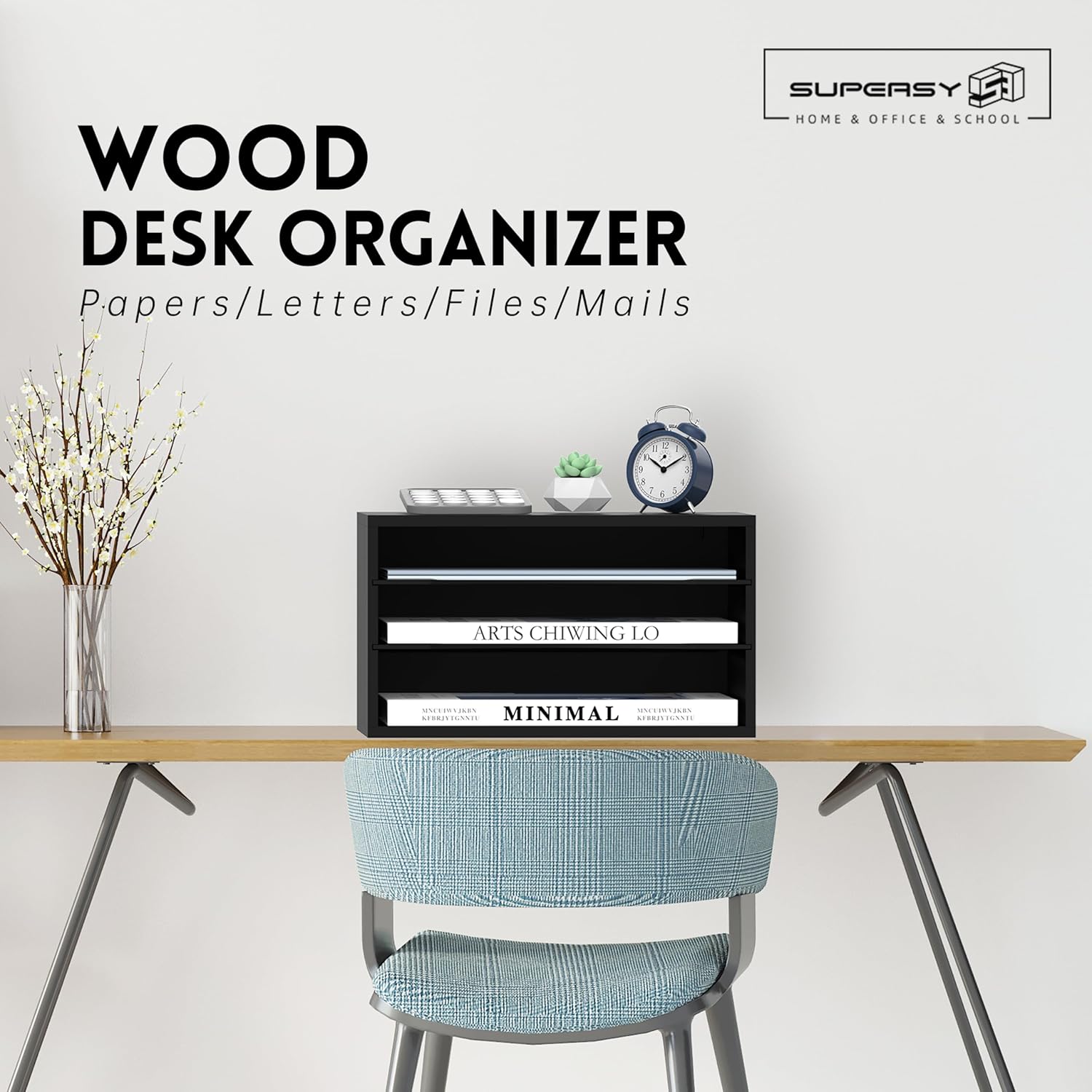 Wooden Desk Organizer - 3 Tier Paper File Organizer for Office, School & Home, Black