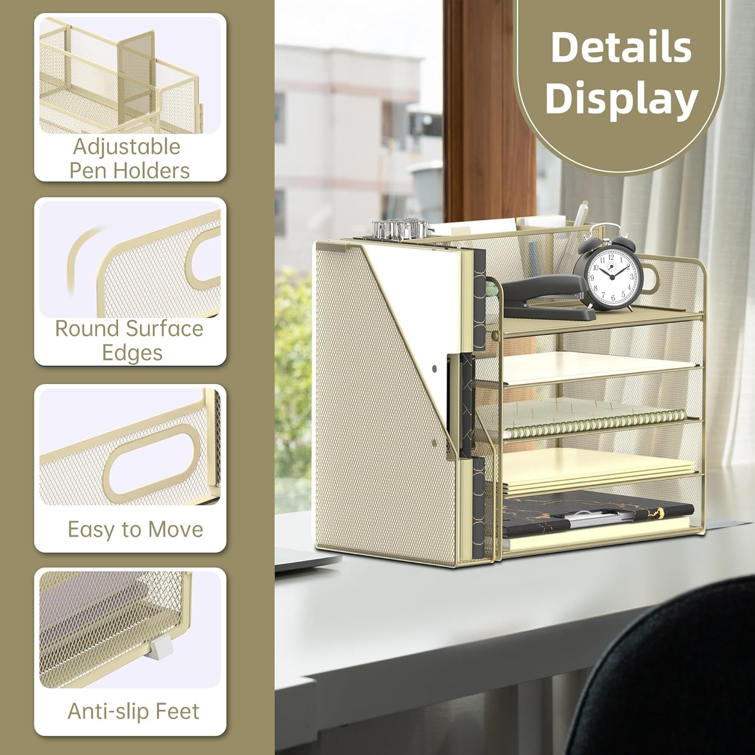 Desk Organizer with File Holder, 5 Tier Desktop File Organizer with 3 Pen Holders, Paper Letter Tray for Office Home Organization & Storage, Mesh Desk Accessories & Supplies, Golden Yellow