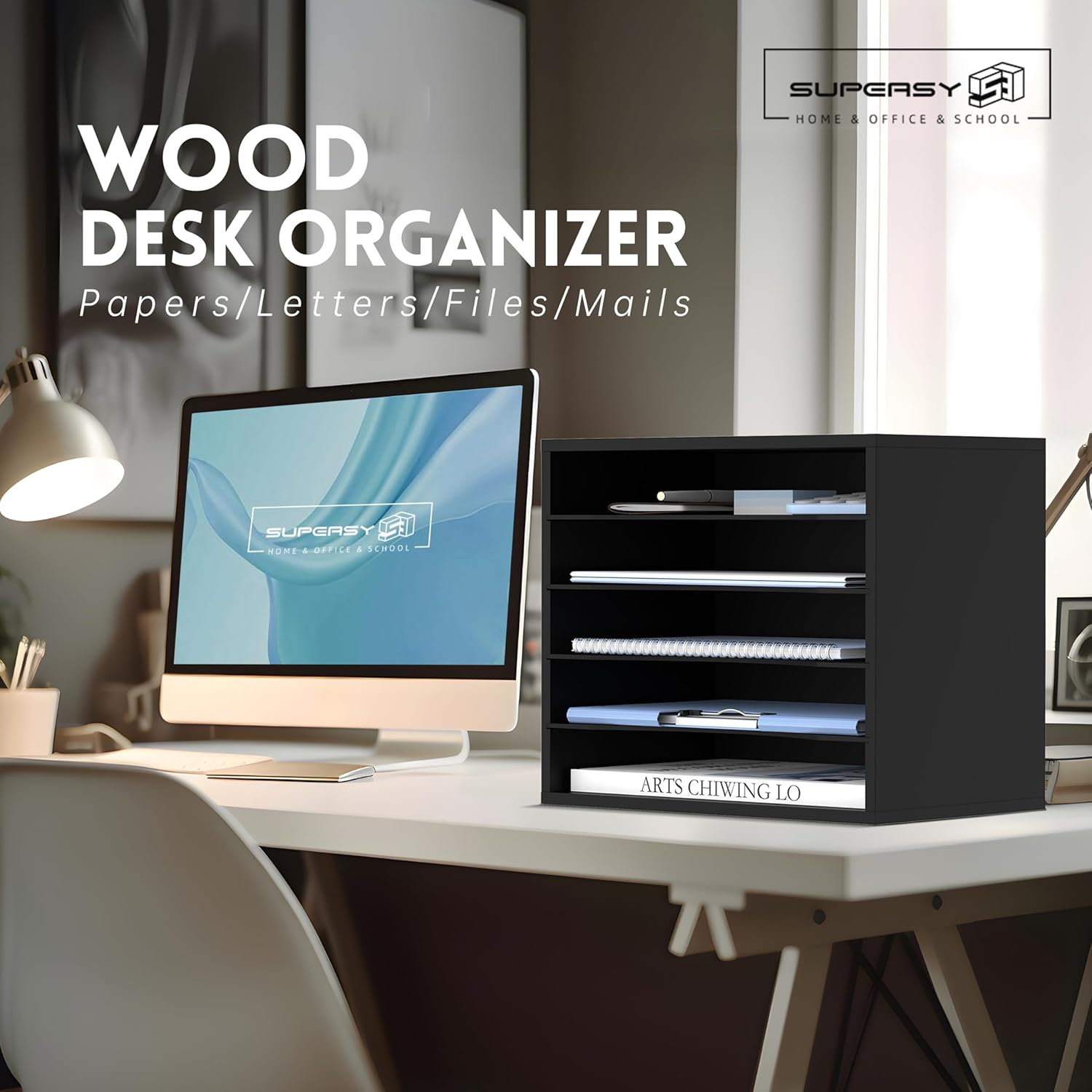 Wood Desk Organizer, 5 Tier Paper File Organizer for Desk, Wooden Desktop Organizer, Paper Letter Literature Mail Sorter, for Office School & Home Organization, Black
