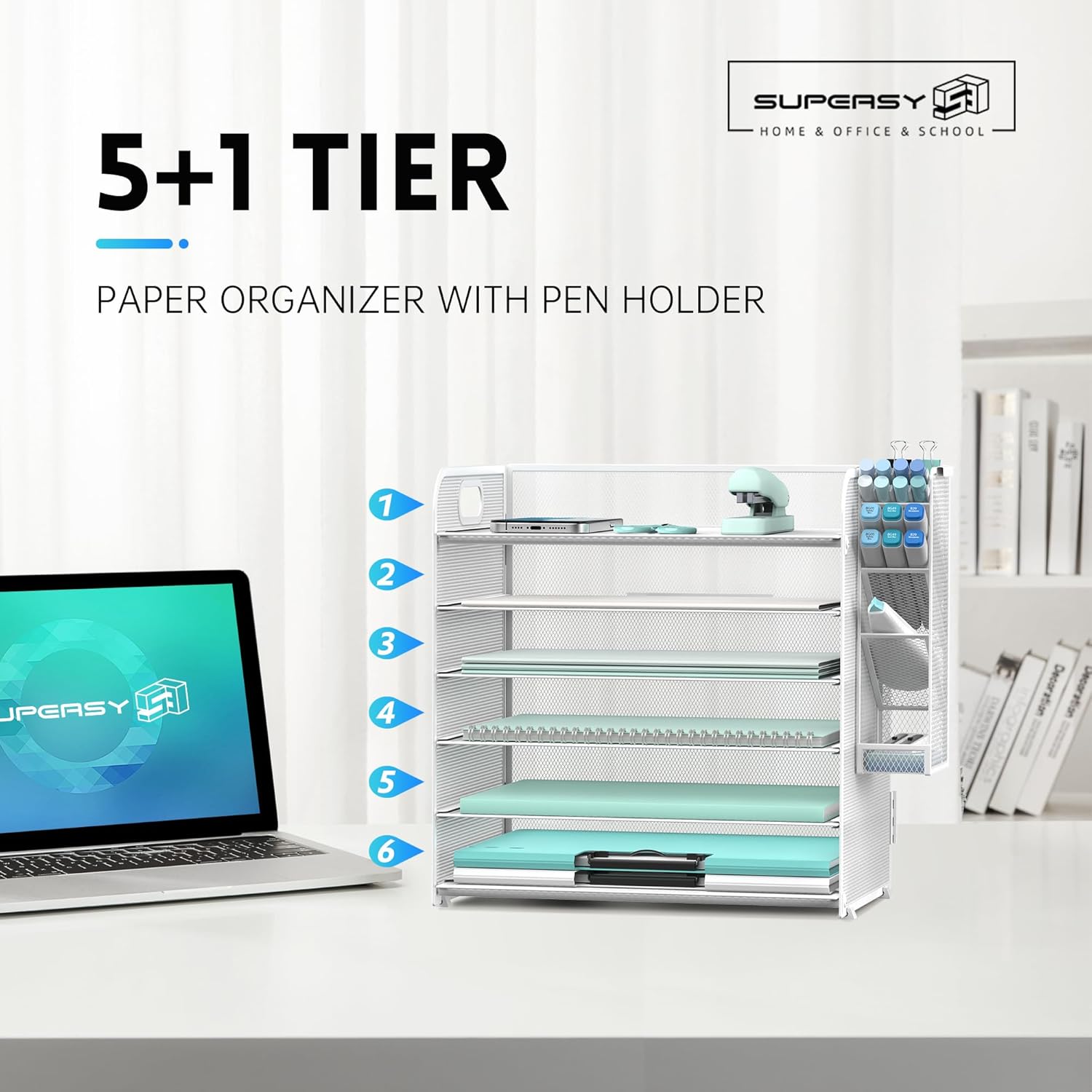 6 Tier Paper Organizer with 4 Pen Holders, Mesh Letter Tray with Handle, Paper Tray Organizer for A4 Files, White