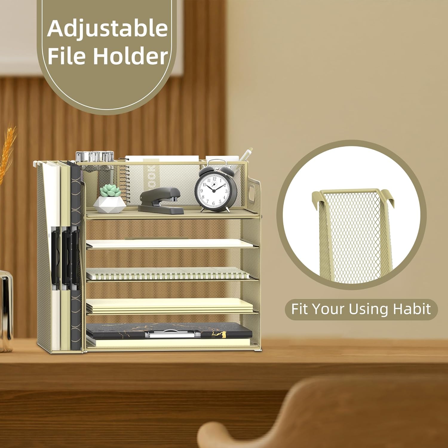 Desk Organizer with File Holder, 5 Tier Desktop File Organizer with 3 Pen Holders, Paper Letter Tray for Office Home Organization & Storage, Mesh Desk Accessories & Supplies, Golden Yellow