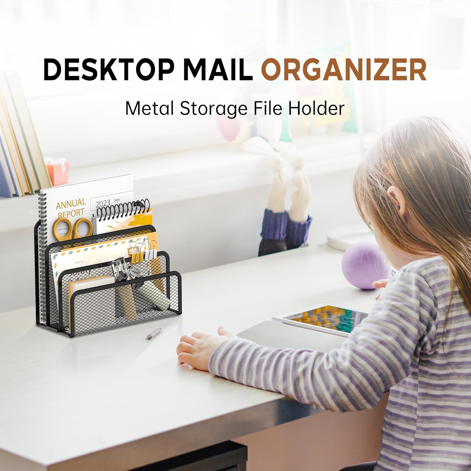 Mail Organizer for Desk, Mesh Metal Mail Holder Countertop with 3-Slot, Letter Sorter File Holder, Office Envelope Organizer for Mails (Black)