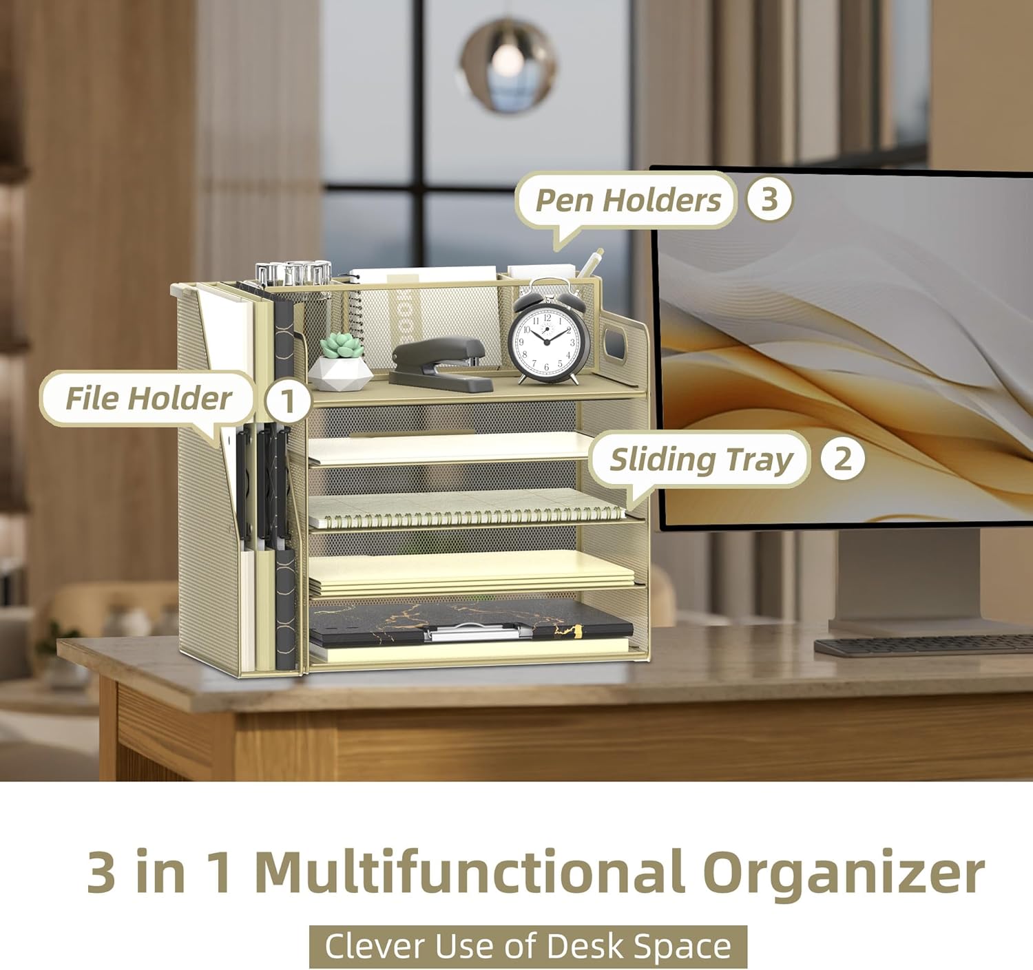 Desk Organizer with File Holder, 5 Tier Desktop File Organizer with 3 Pen Holders, Paper Letter Tray for Office Home Organization & Storage, Mesh Desk Accessories & Supplies, Golden Yellow