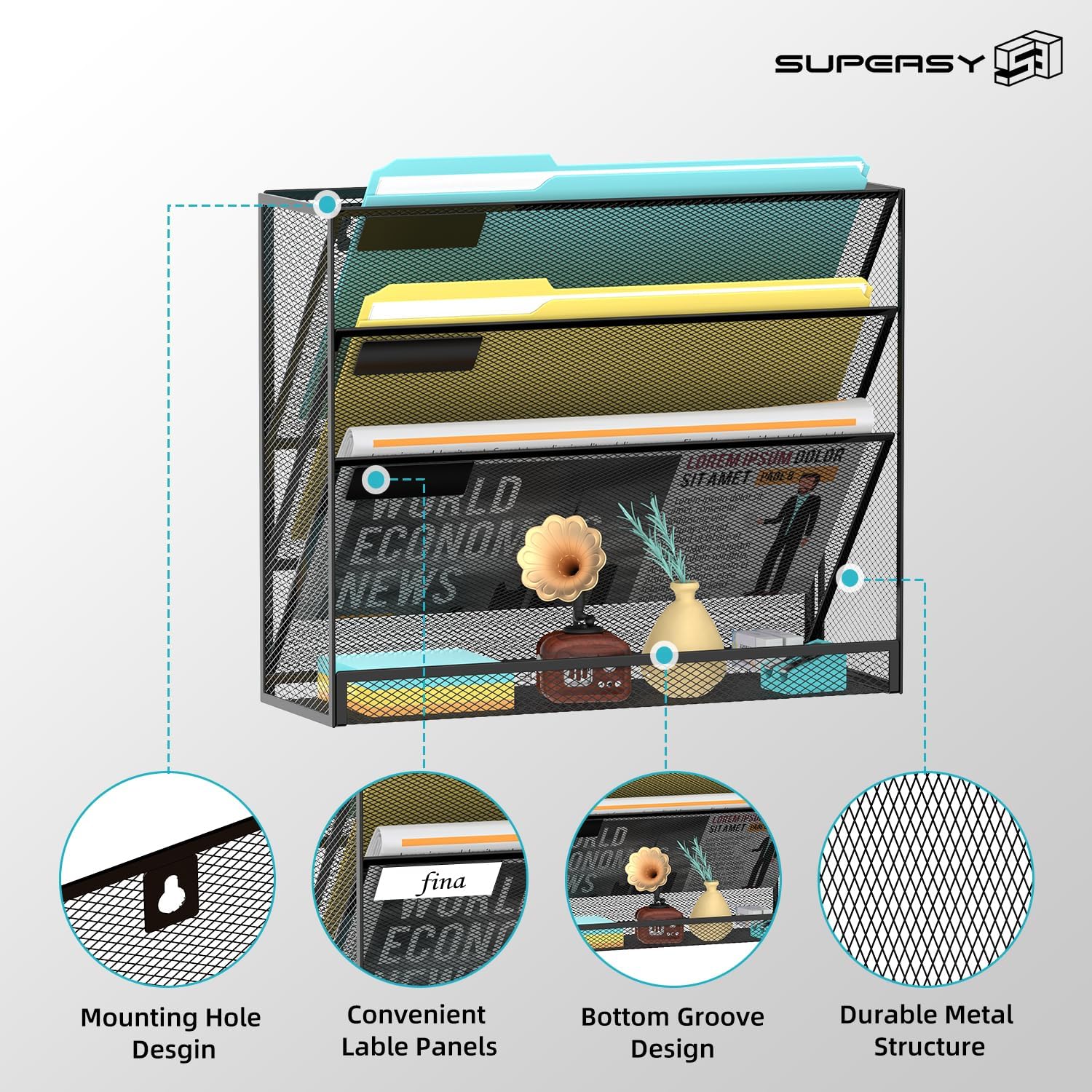 4-Tier Wall File Organizer Mesh Office Mail Holder, Hanging Wall Organizer Magazine Rack for Office Black