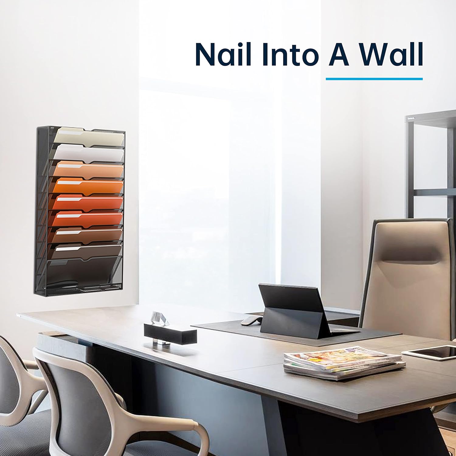 10-Tier Hanging Wall File Holder Organizer for Papers, Folders, Files Clipboard & Magazine Organization Great for Office Home, Black