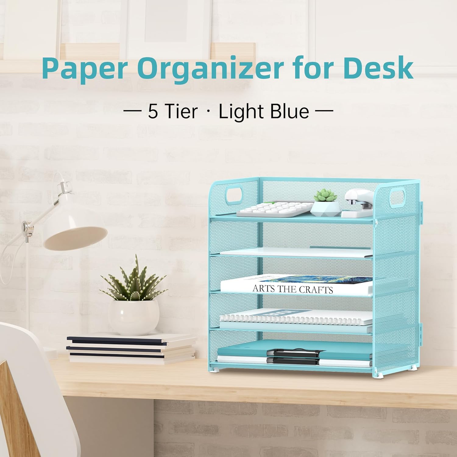 5 Trays Paper Organizer Letter Tray with Handle-Mesh Desk File Organizer, Paper Sorter Desk Organizer for Office, Home or School (Light Blue)