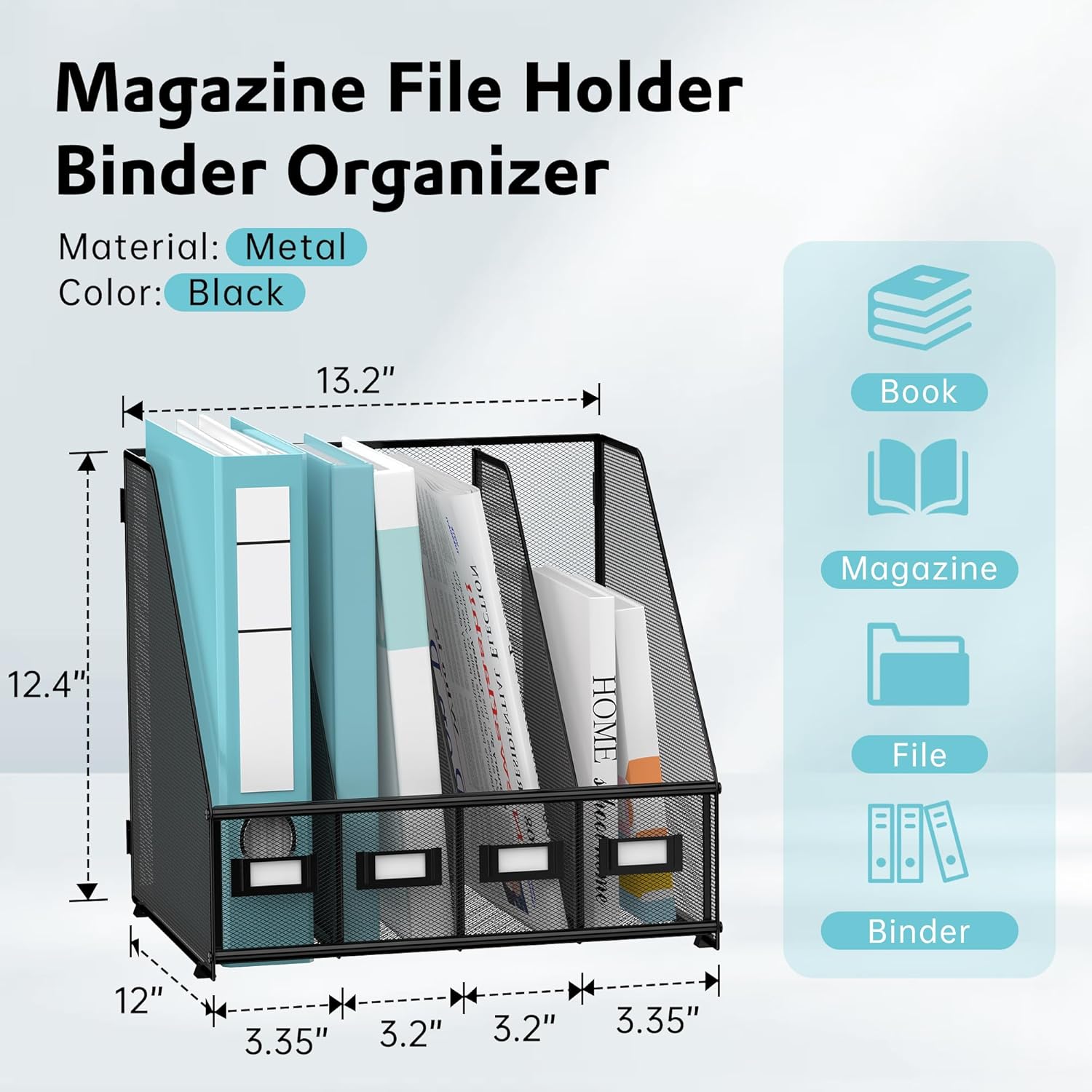 Magazine File Holder, Binder Holder Metal Desk Organizer with 4 Rack Compartments, File Organizer for Office Home School, Black Plus
