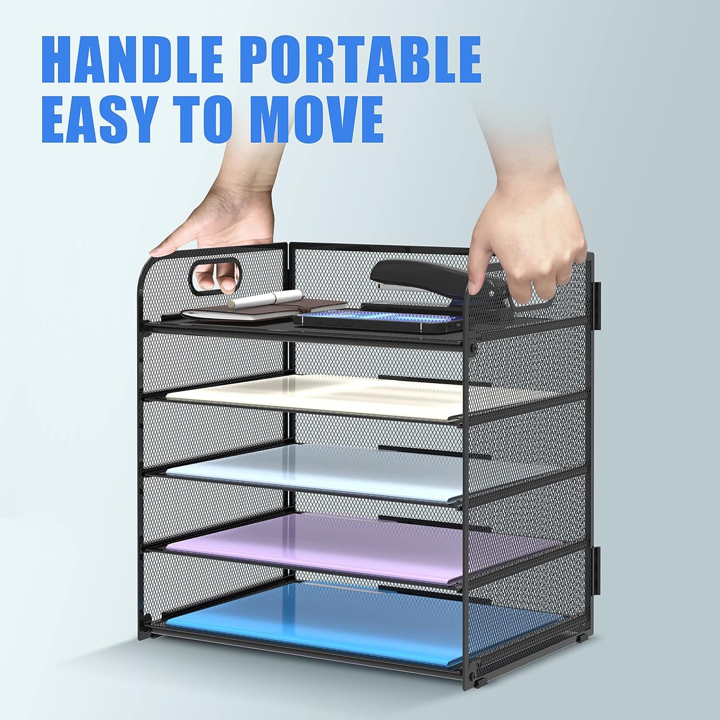 5 Trays Paper Organizer Letter Tray with Handle-Mesh Desk File Organizer, Paper Sorter Desk Organizer for Office, Home or School