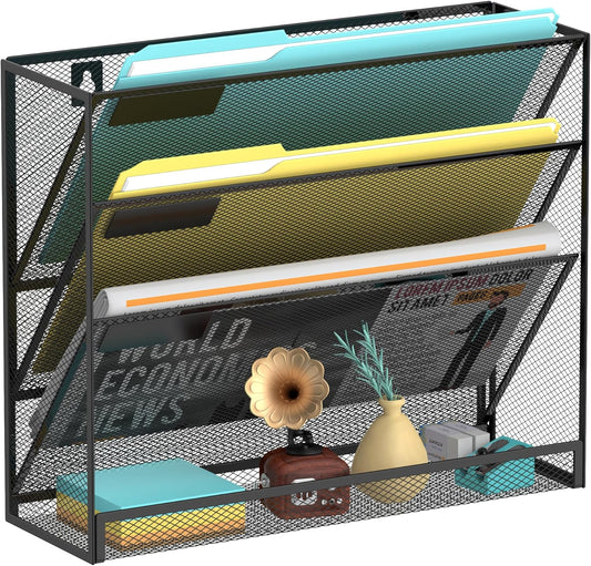 4-Tier Wall File Organizer Mesh Office Mail Holder, Hanging Wall Organizer Magazine Rack for Office Black