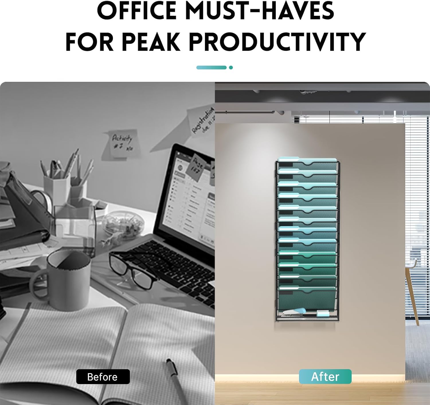 13-Tier Wall File Organizer, Hanging Wall Files for Papers, Folders, Magazines, Wall Organizer for Clipboard, Assembly Needed, Black