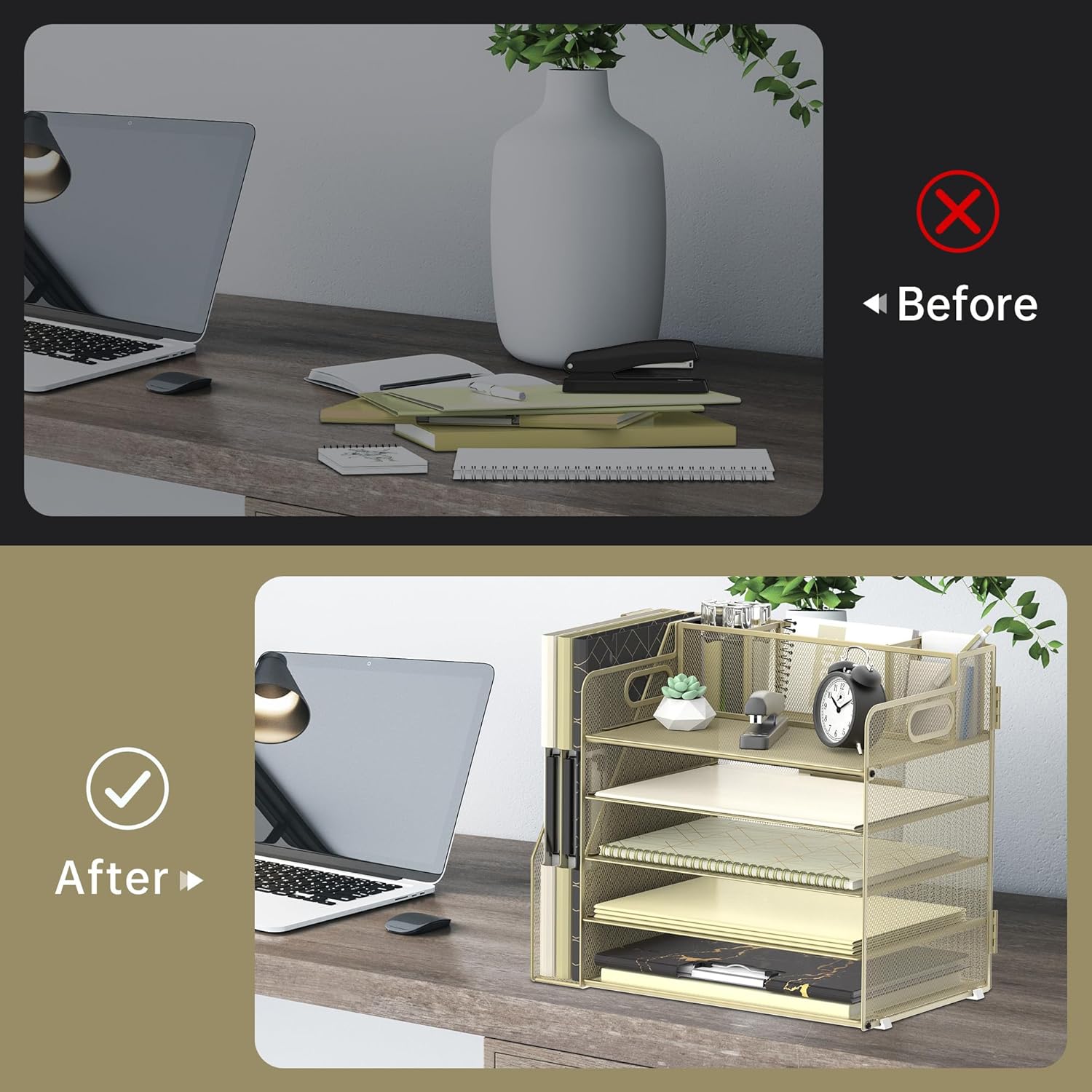 Desk Organizer with File Holder, 5 Tier Desktop File Organizer with 3 Pen Holders, Paper Letter Tray for Office Home Organization & Storage, Mesh Desk Accessories & Supplies, Golden Yellow