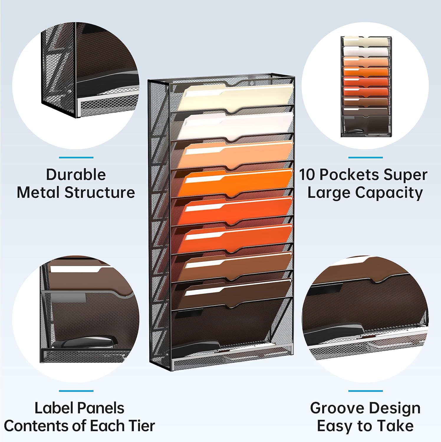 10-Tier Hanging Wall File Holder Organizer for Papers, Folders, Files Clipboard & Magazine Organization Great for Office Home, Black 2 Pack