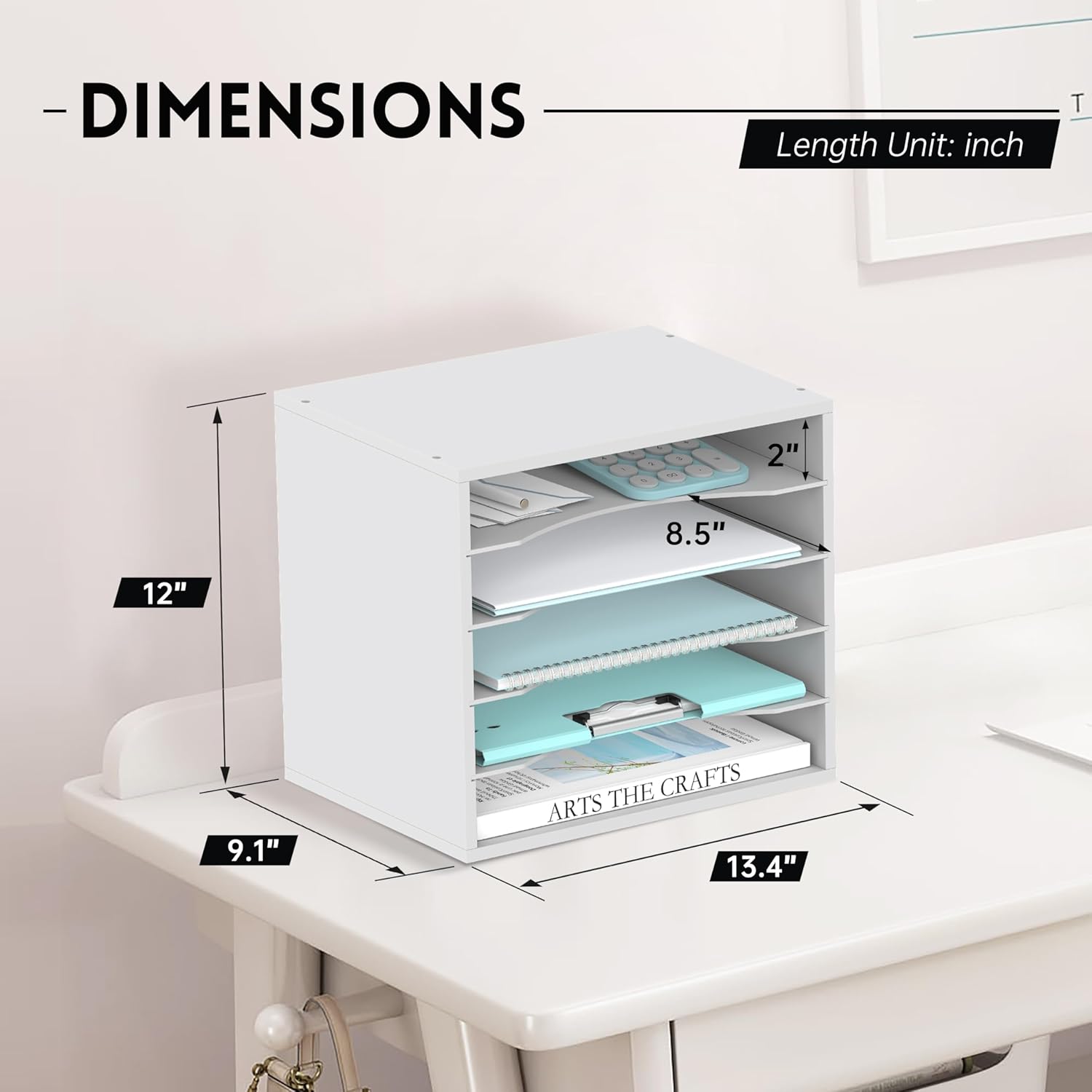 Wood Desk Organizer, 5 Tier Paper File Organizer for Desk, Wooden Desktop Organizer, Paper Letter Literature Mail Sorter, for Office School & Home Organization, White