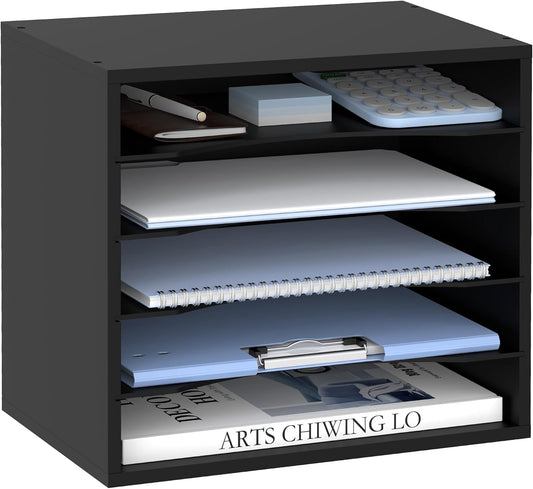 Wood Desk Organizer, 5 Tier Paper File Organizer for Desk, Wooden Desktop Organizer, Paper Letter Literature Mail Sorter, for Office School & Home Organization, Black