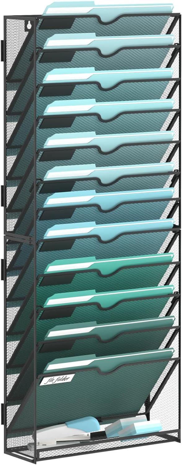 13-Tier Wall File Organizer, Hanging Wall Files for Papers, Folders, Magazines, Wall Organizer for Clipboard, Assembly Needed, Black