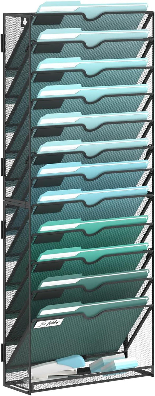 13-Tier Wall File Organizer, Hanging Wall Files for Papers, Folders, Magazines, Wall Organizer for Clipboard, Assembly Needed, Black