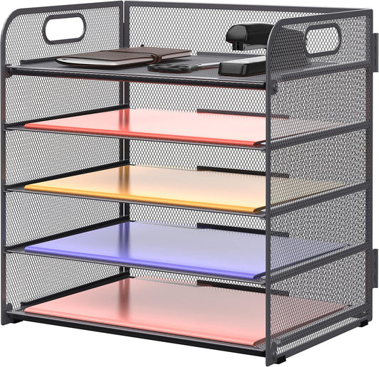 5 Trays Paper Organizer Letter Tray with Handle-Mesh Desk File Organizer, Grey Paper Sorter Desk Organizer for Office, Home or School