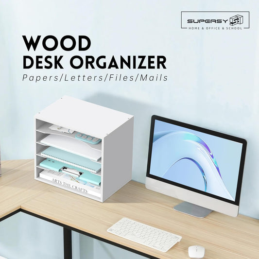Wood Desk Organizer, 5 Tier Paper File Organizer for Desk, Wooden Desktop Organizer, Paper Letter Literature Mail Sorter, for Office School & Home Organization, White