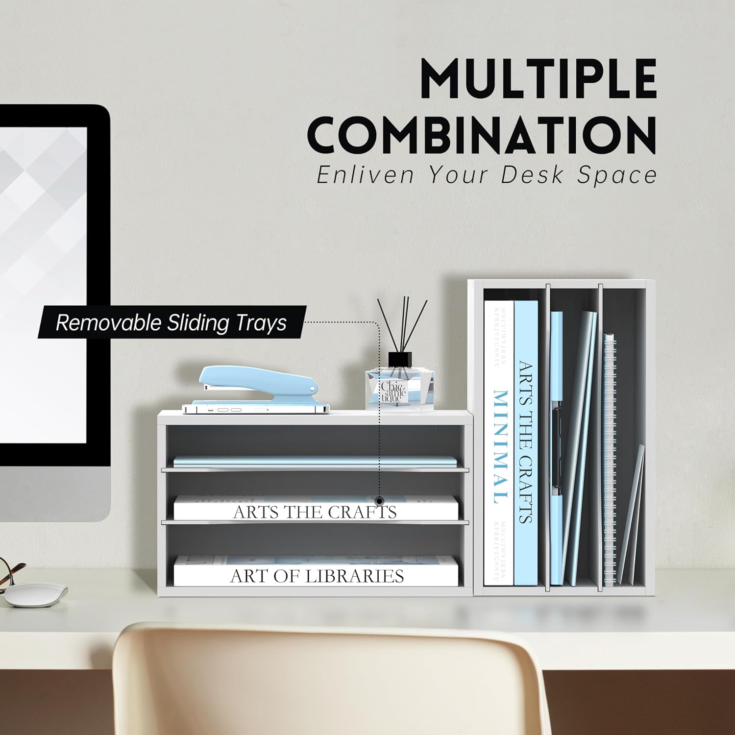 Wood Desk Organizer, 3 Tier Paper File Organizer for Desk, Wooden Desktop Organizer, Paper Letter Literature Mail Sorter, for Office School & Home Organization, White