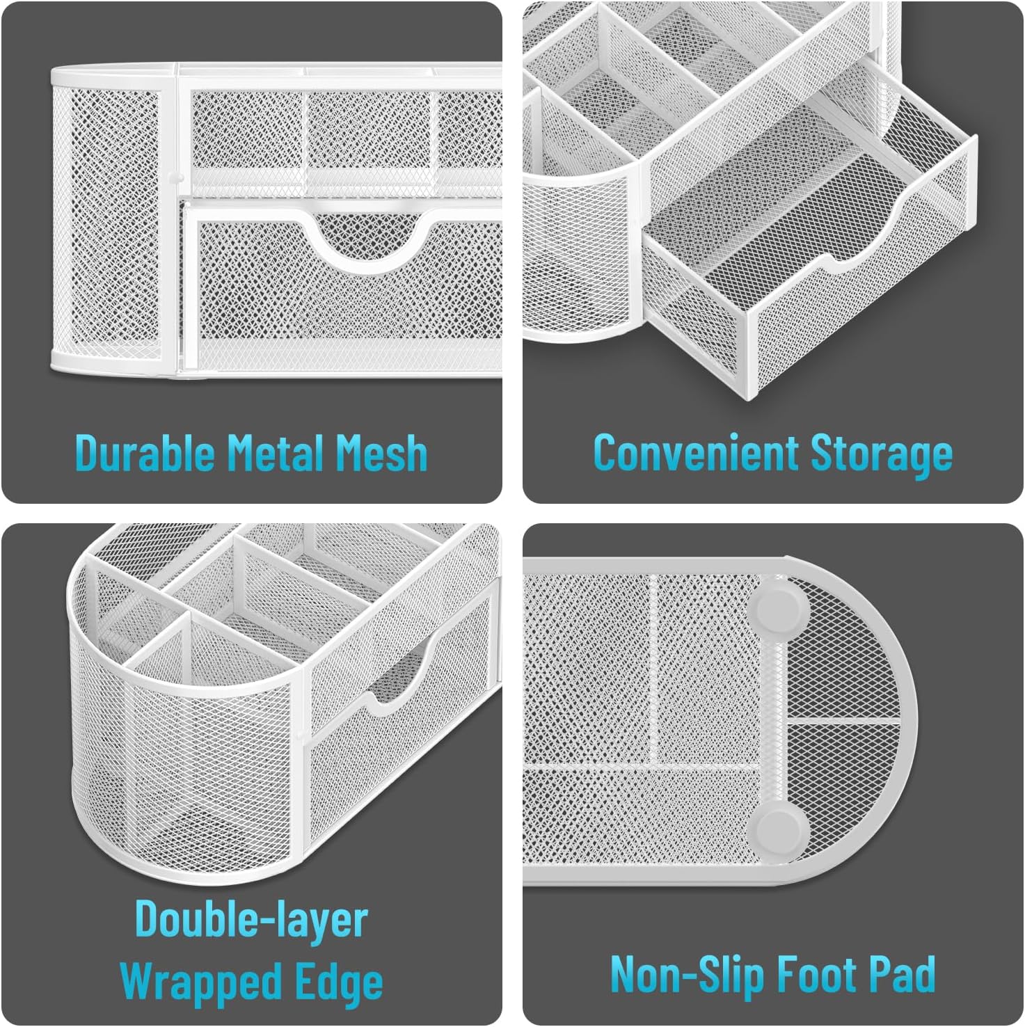 Mesh Desk Organizer, Desk Accessories & Workspace Organizers with Drawers, Pencil Holder for Desk with 9 Compartments for Office Suppliess, 8.6 x 4.3 x 4.1 Inch, White