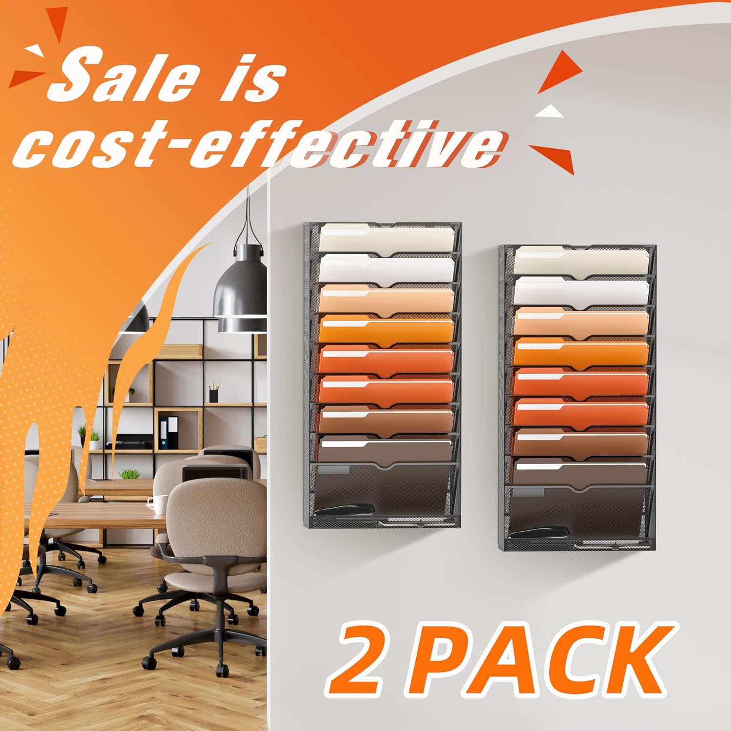 10-Tier Hanging Wall File Holder Organizer for Papers, Folders, Files Clipboard & Magazine Organization Great for Office Home, Black