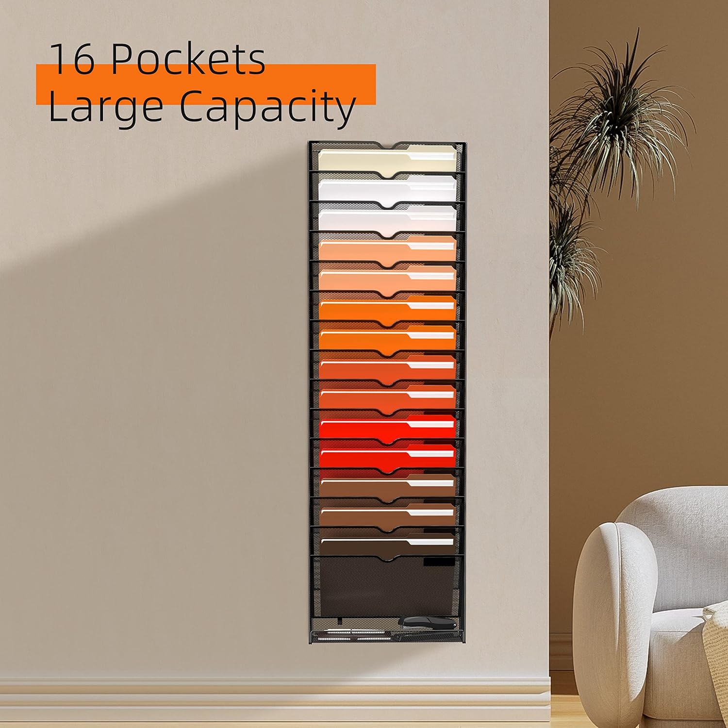 16-Tier Hanging Wall File Holder Organizer for Papers, Folders, Files Clipboard & Magazine Organization Great for Office Home, Black