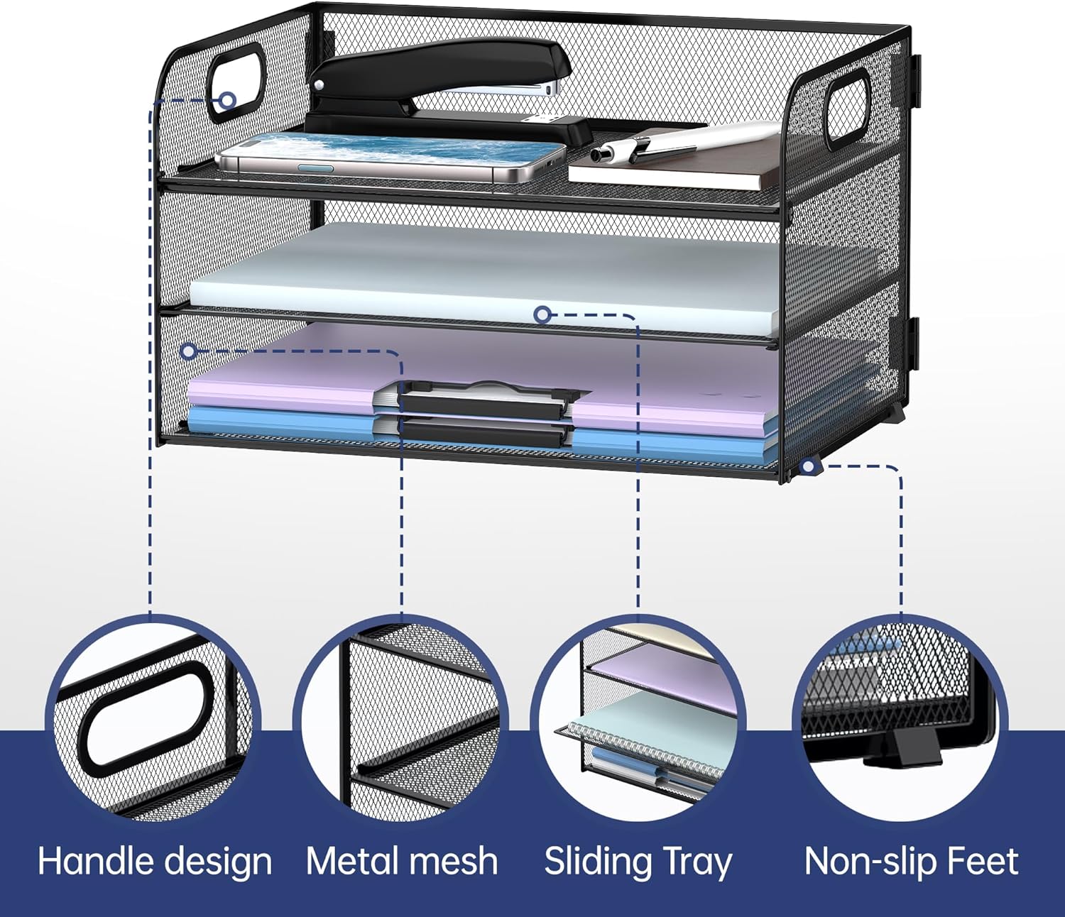 3 Tier Paper Organizer with Handle, Mesh Desk Organizer Letter Tray, Paper Tray File Organizer for A4 File Folder, Black