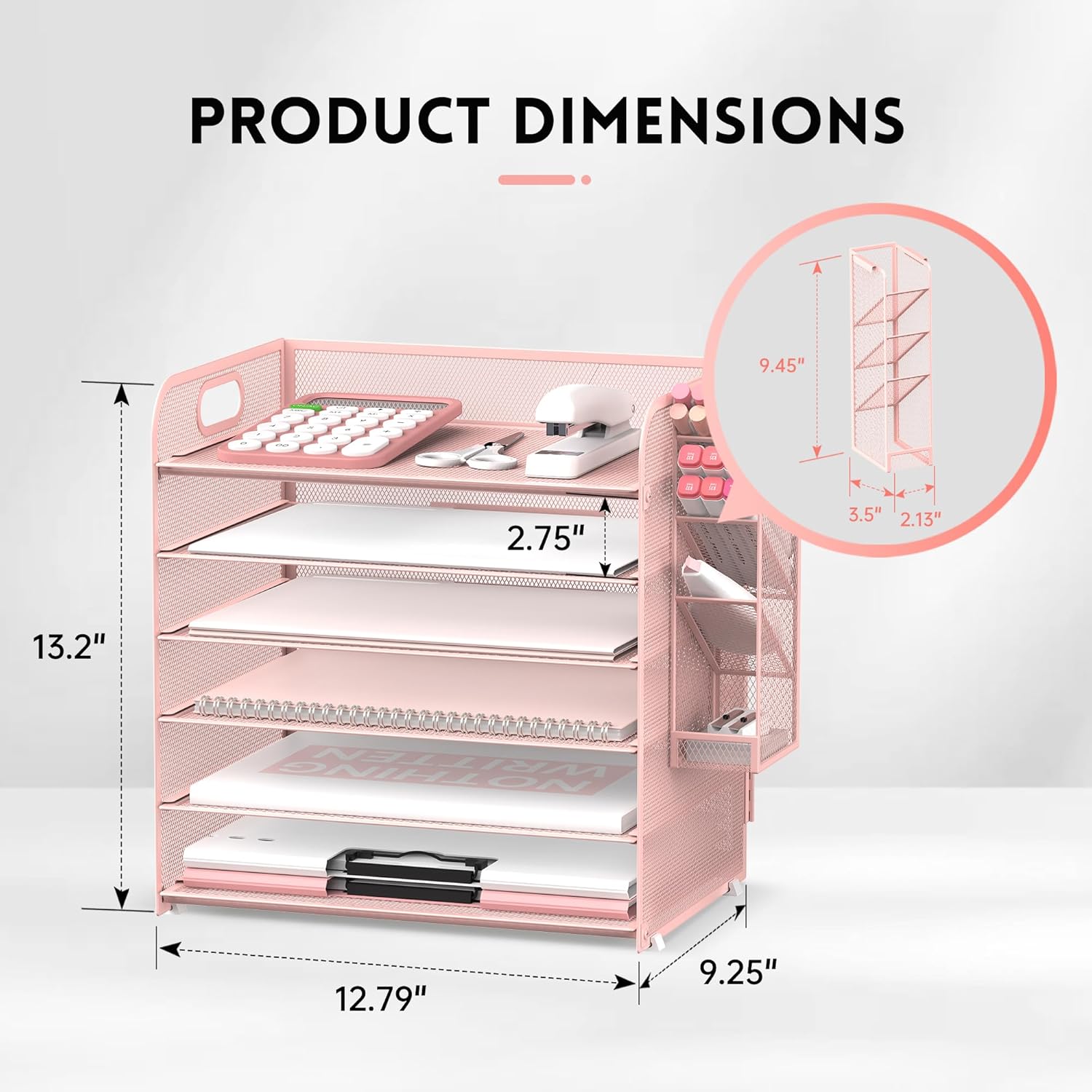 6 Tier Paper Organizer With 4 Pen Holders, Mesh Desk Letter Tray With Handle, File Organizer for A4 Folder, Rose Pink