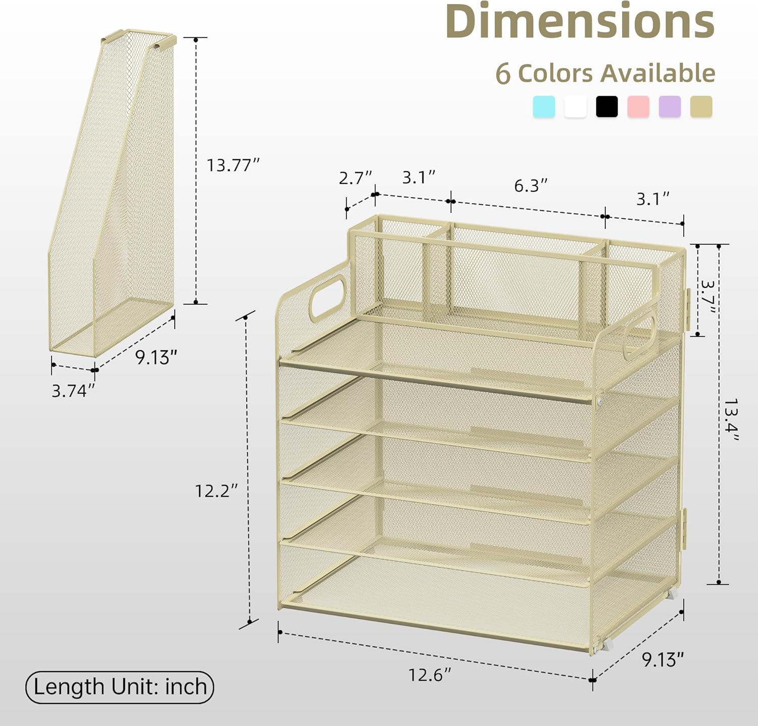 Desk Organizer with File Holder, 5 Tier Desktop File Organizer with 3 Pen Holders, Paper Letter Tray for Office Home Organization & Storage, Mesh Desk Accessories & Supplies, Golden Yellow
