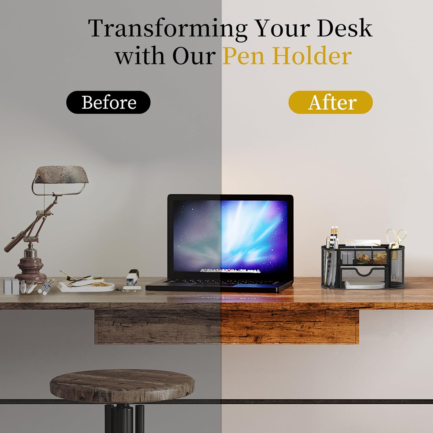 Mesh Desk Organizer, Desk Accessories & Workspace Organizers with Drawers, Pencil Holder for Desk with 9 Compartments for Office Supplies, 8.6 x 4.3 x 4.1 Inch, Black